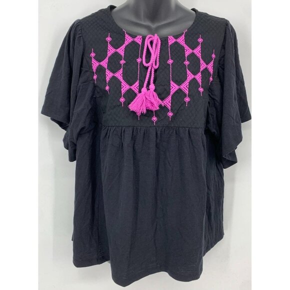 Knox Rose Shirt Extra Large Black Purple Argyle Flutter Sleeve Tassel Women New - Picture 1 of 6